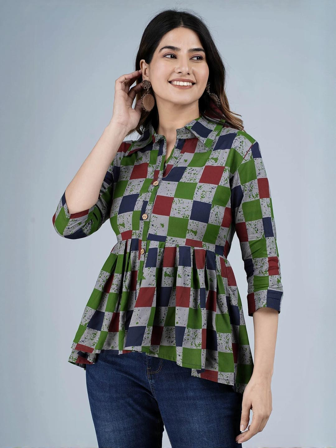 Indiwest Women Multi-Coloured Checkered Printed Cotton Top