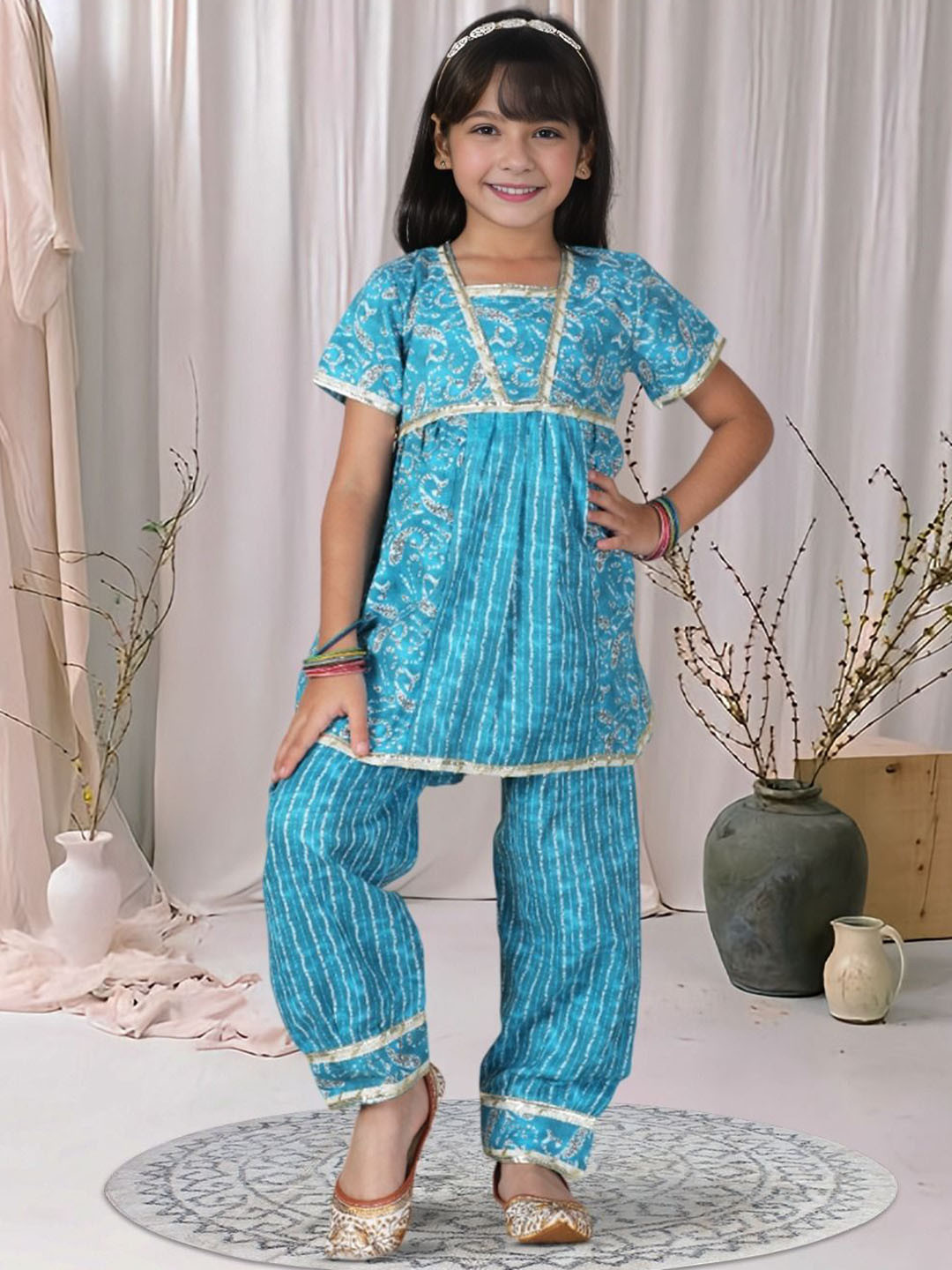 Cutiekins Girls Paisley Printed A-Line Kurta with Trousers & Dupatta