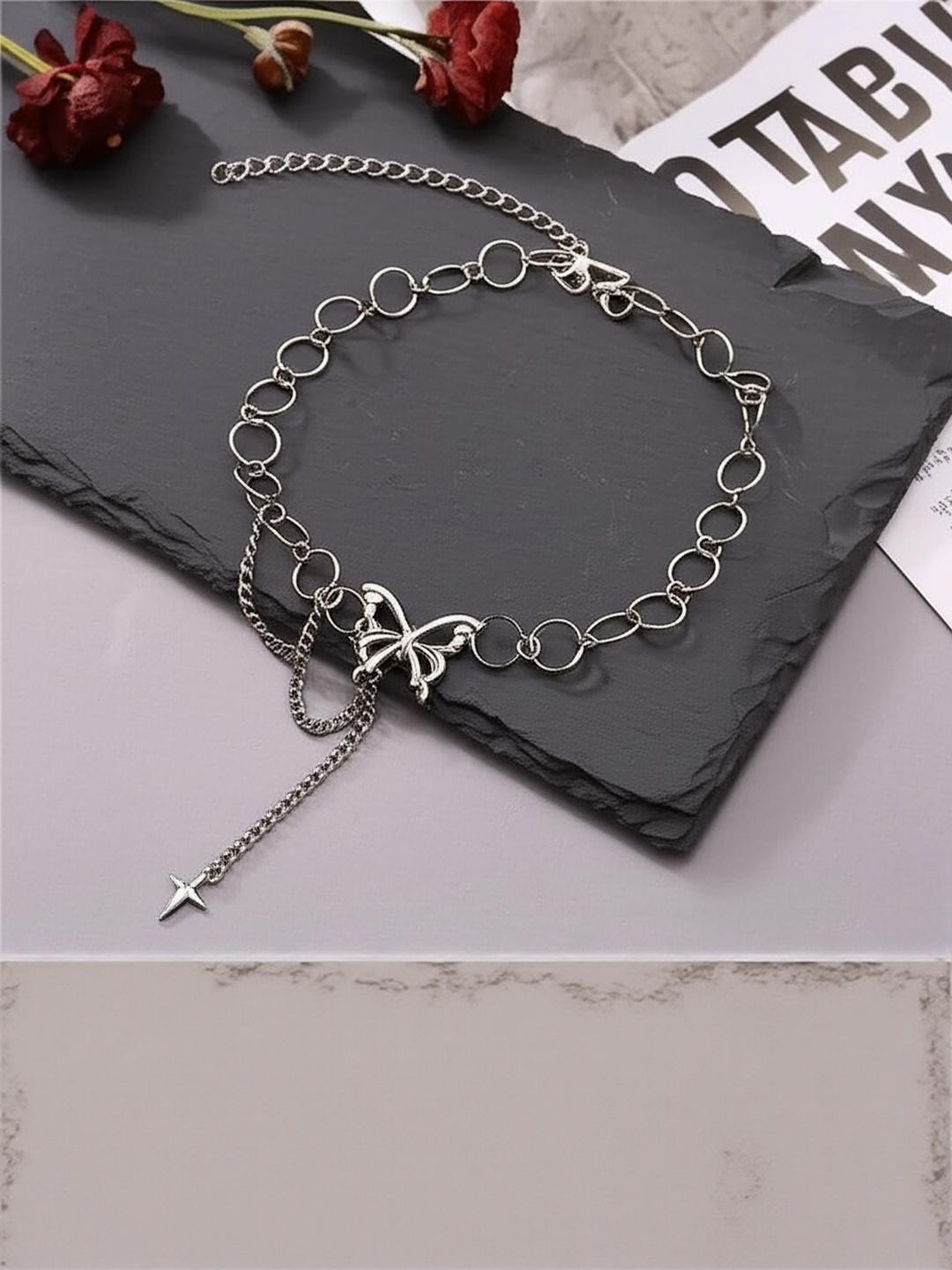 DressBerry Silver-Plated Circle Star Tassel Butterfly Choker Necklace