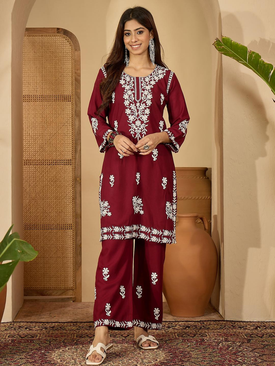 Sangria Maroon Rayon White Embroidered Tunic & Palazzo Co-Ords Set