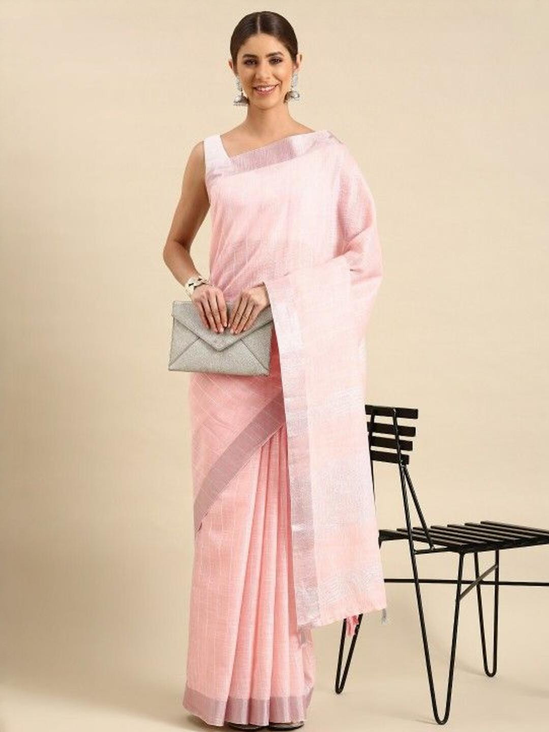 KARAGIRI Peach Linen Silk Saree With Blouse Piece