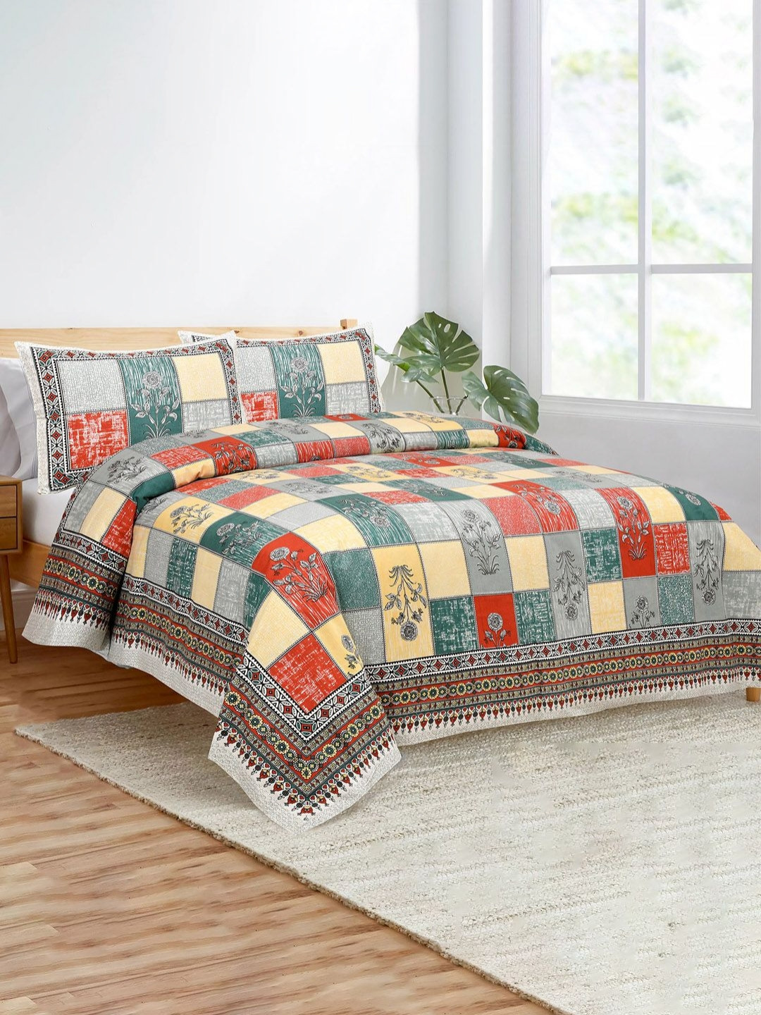 Aura Yellow & Grey Floral 160 TC Cotton King Bedsheet Set 2.72 m x 2.55 m