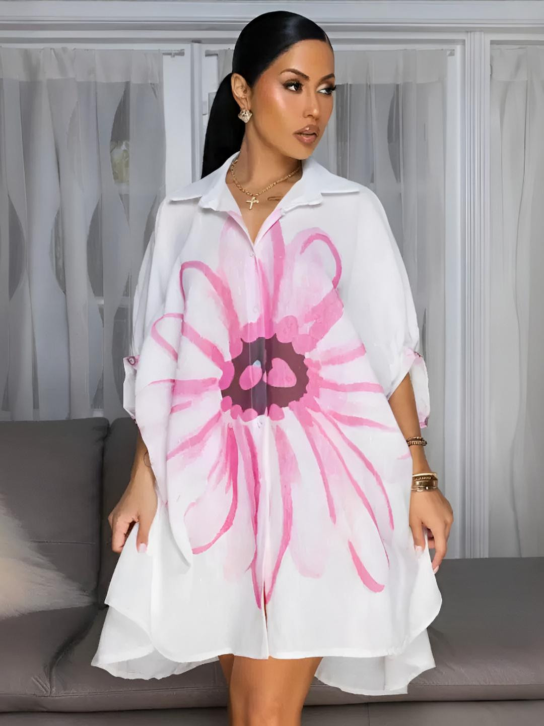 HERE&NOW Women Pink Floral Print Shirt Collar A-Line Dress
