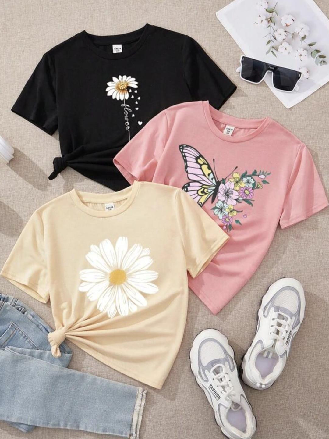 DAMN GUD DG Kids Pack Of 3 Black Pink & Beige Floral Printed Cotton Round Neck T-Shirts