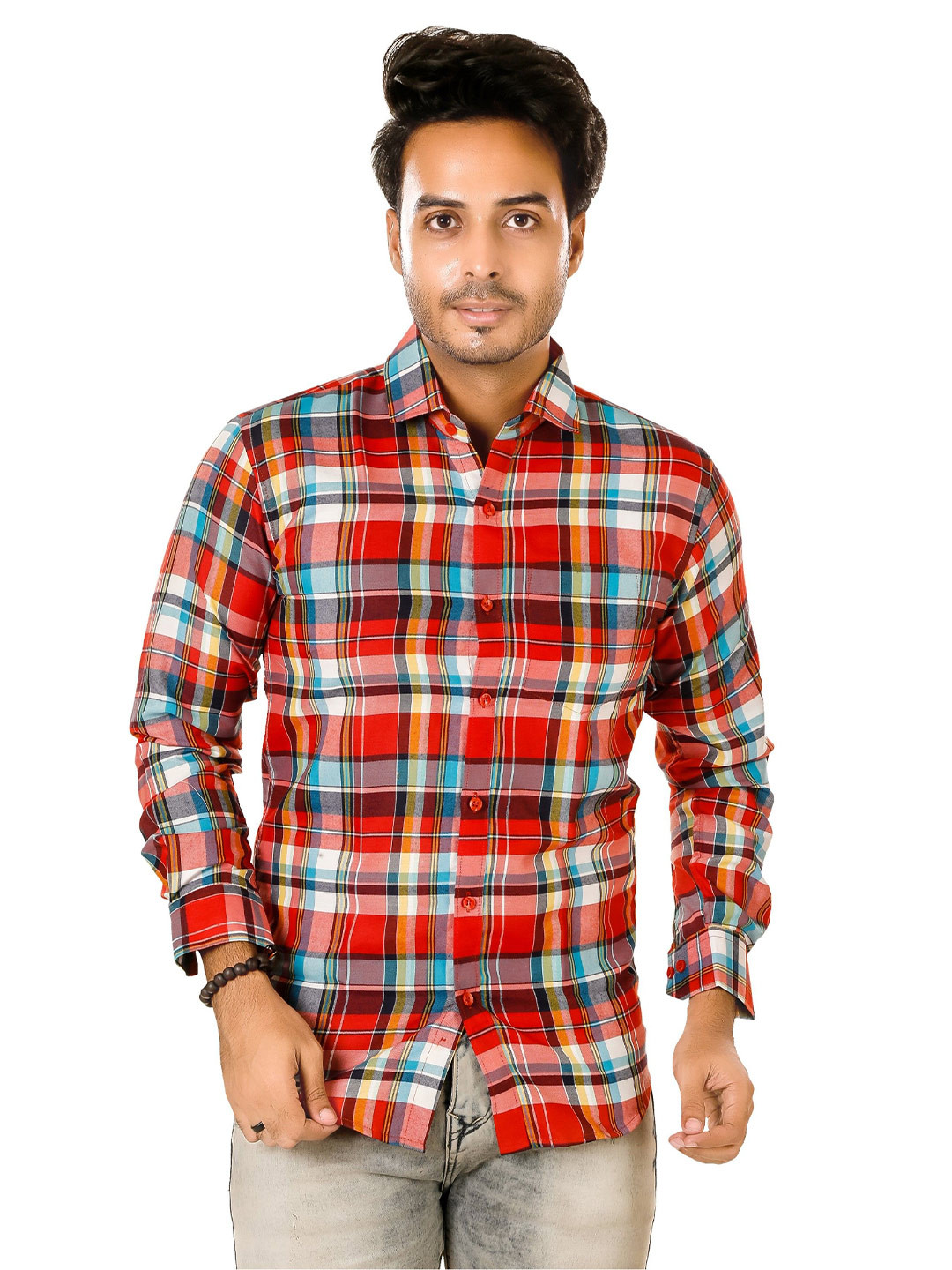 LUXURY BY LAMIS Men Standard Slim Fit Tartan Checked Spread Collar Cotton Casual Shirt