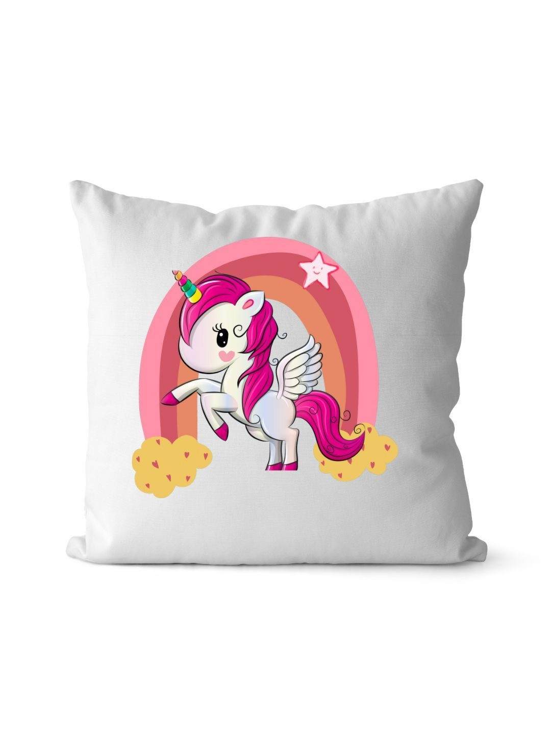 Loops n knots White & Pink Unicorn With Rainbow & Clouds Printed Pre-Filled Cushion