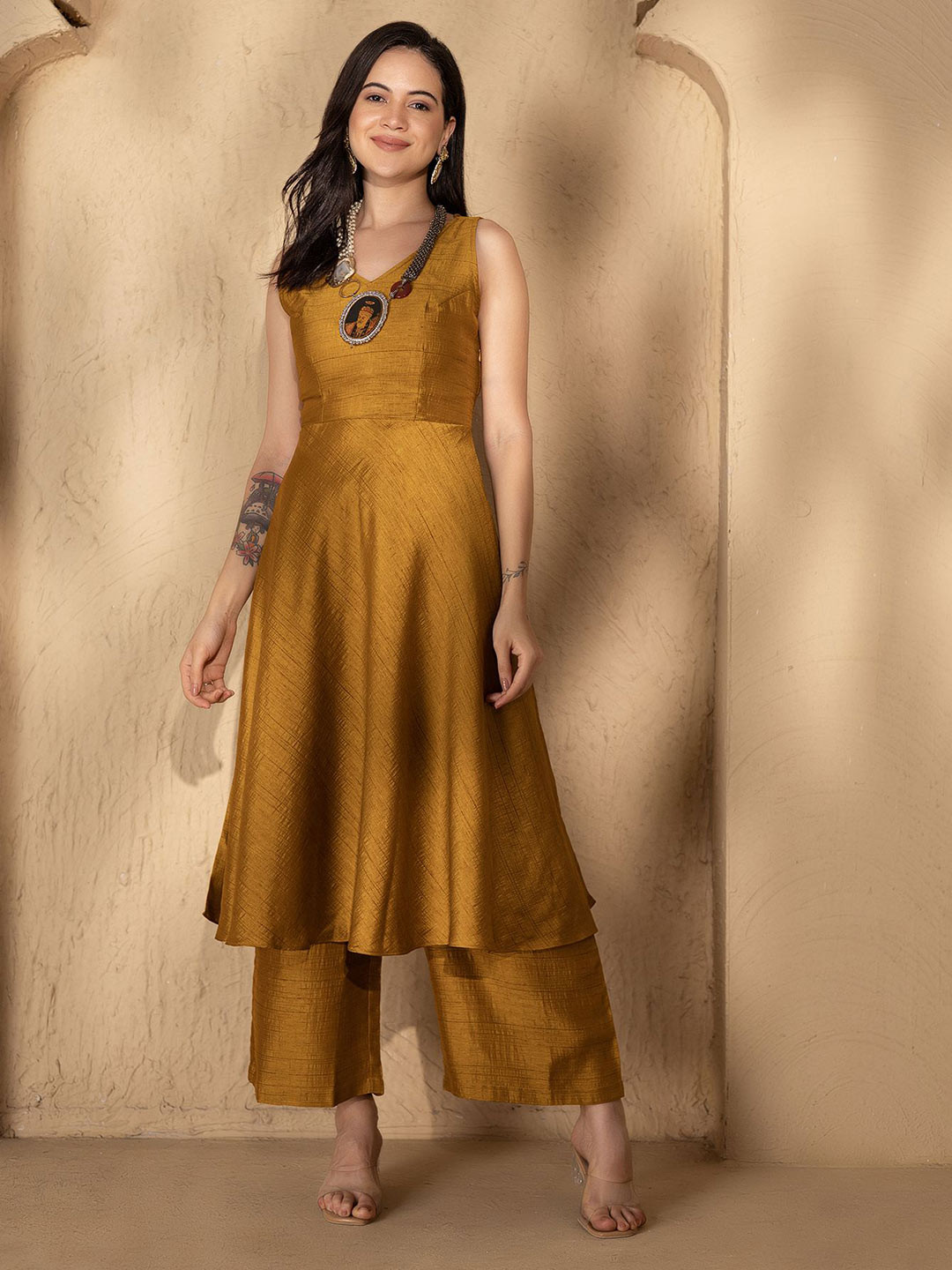 MABISH by Sonal Jain V-Neck Deep Back Tie Up Kurta With Palazzos