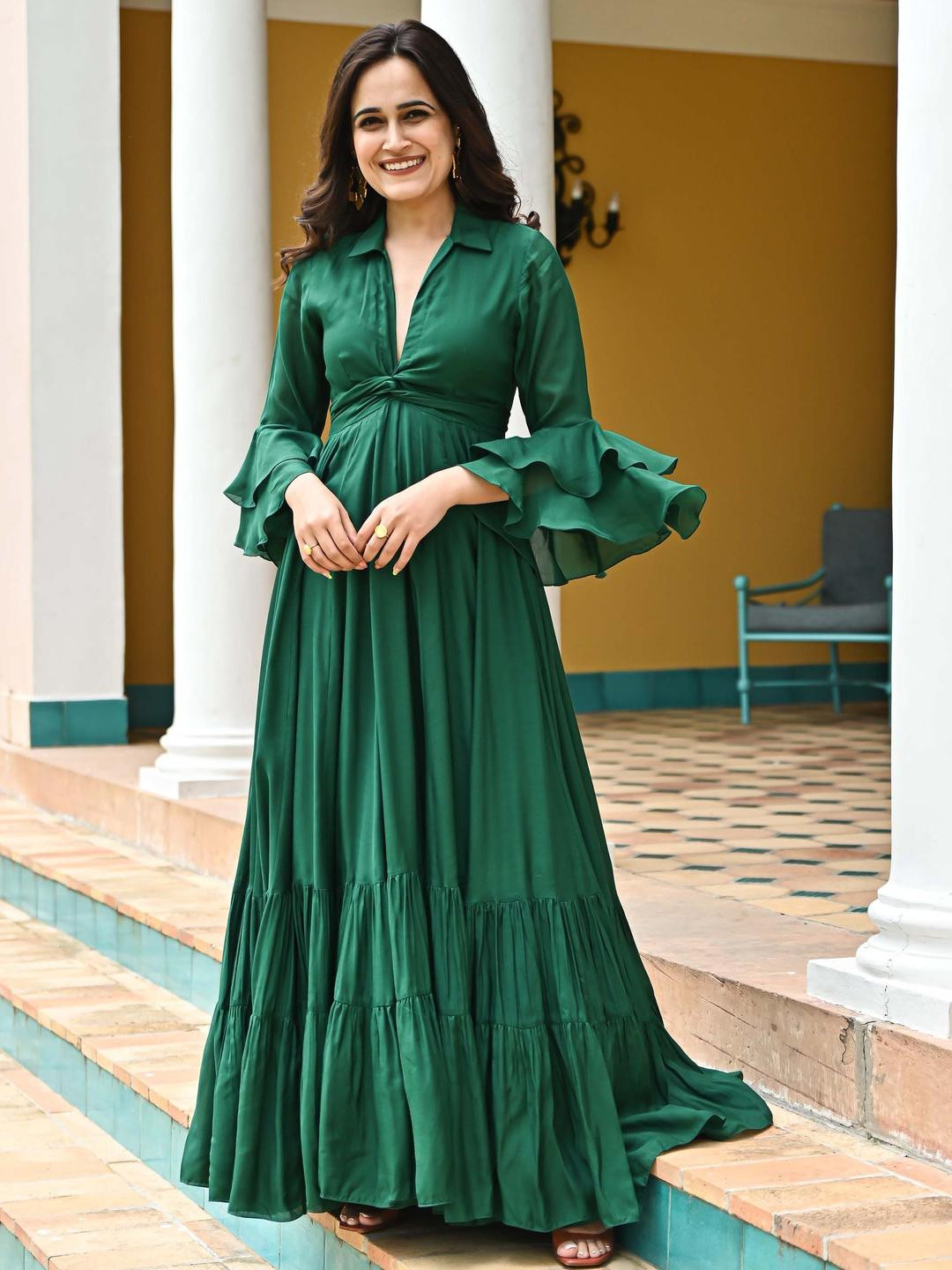 Ordinaree Evergreen Bell Sleeve Satin Fit & Flare Midi Silk Dress