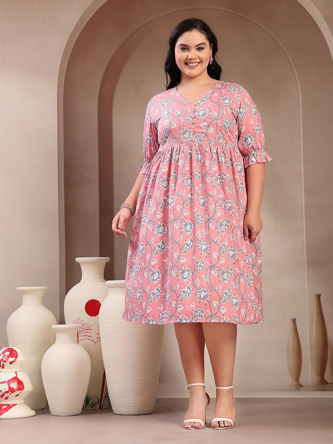 Little More By Stylum Floral Printed V-Neck Fit & Flare Cotton Dress