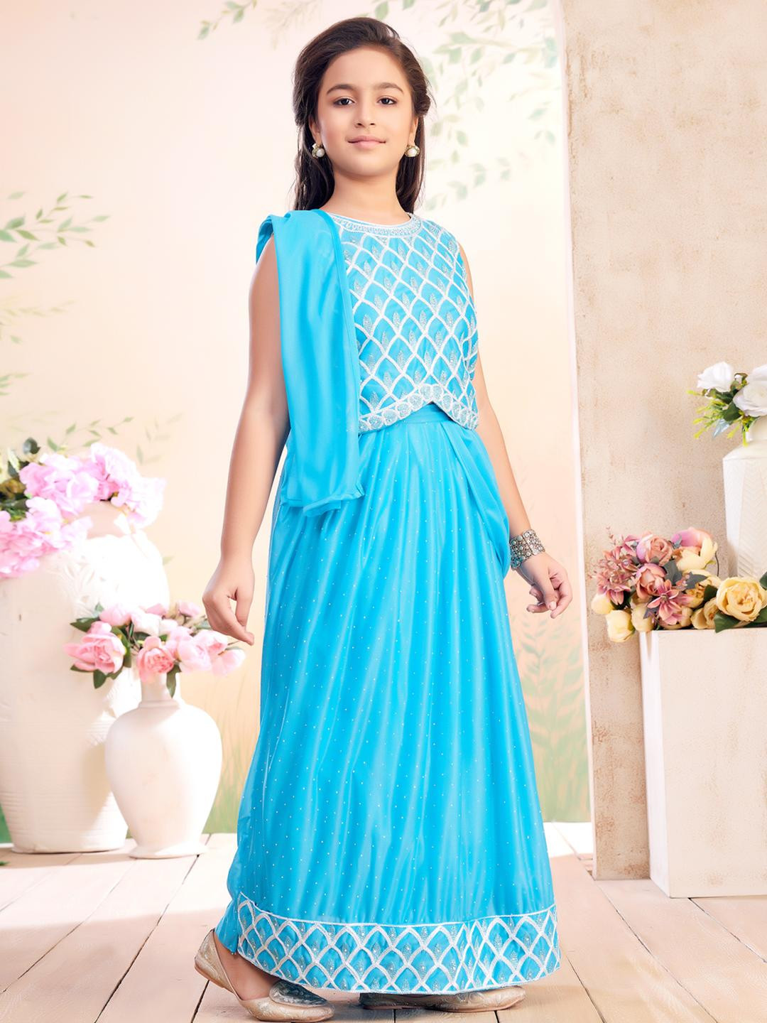 Muhuratam Girls Firozi Ethnic Thread Embroidery Sleeveless Georgette Lehenga Choli Set