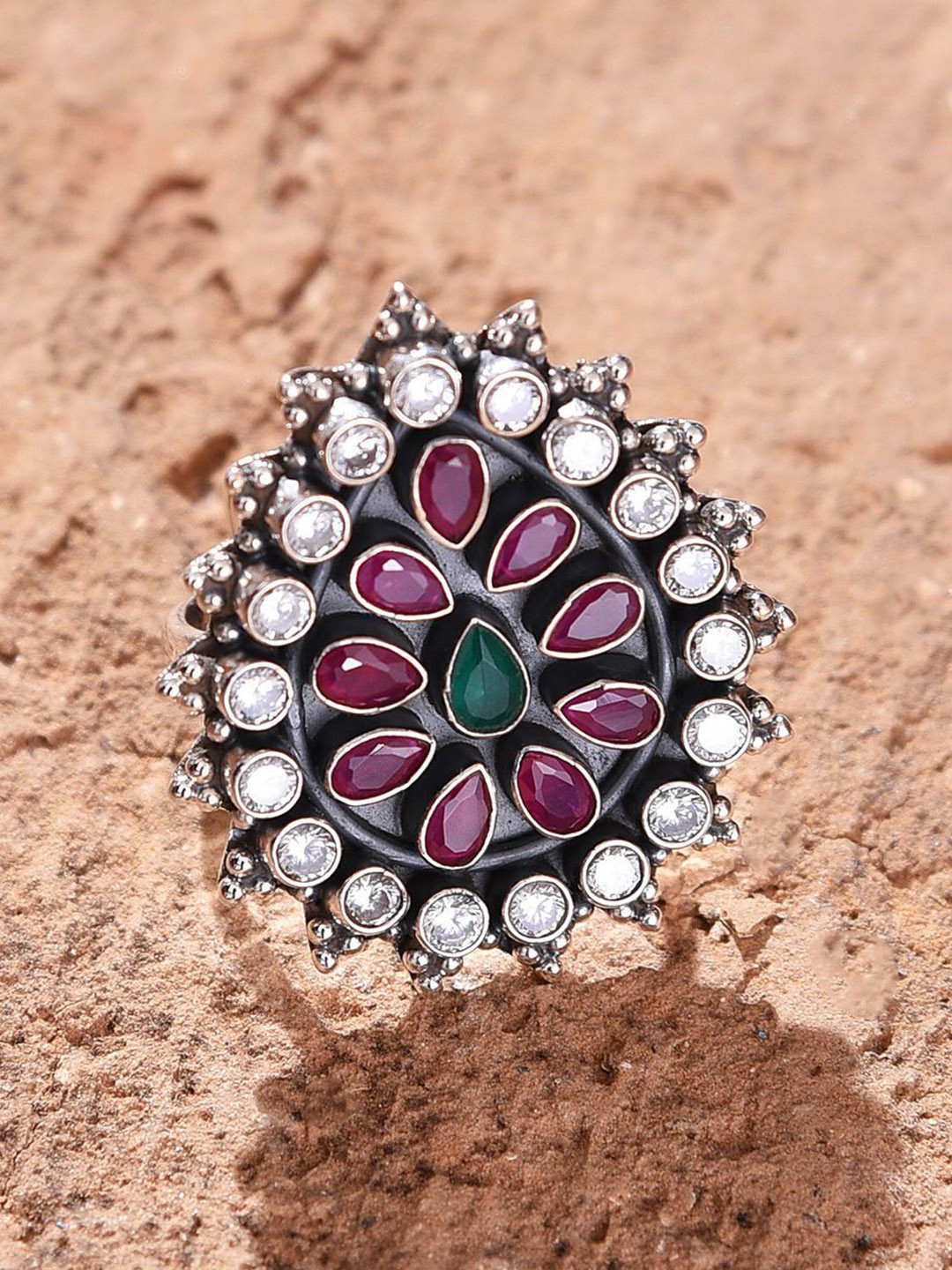 JAYPORE Women Silver-Plated & Stone Studded Oxidized Silver Finger Ring