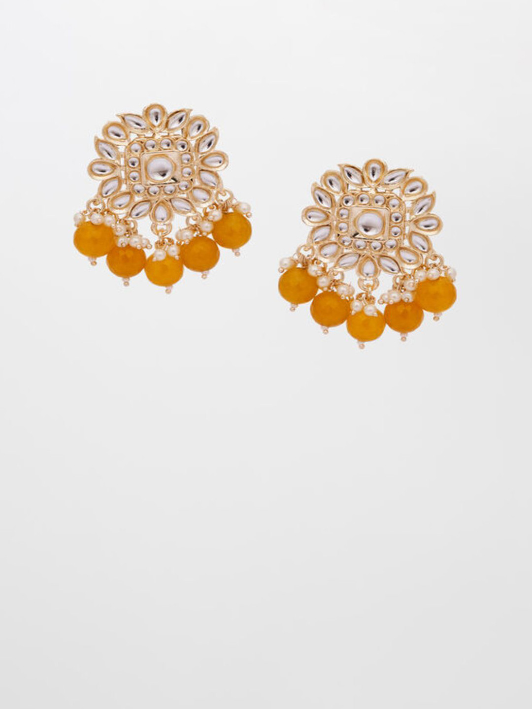 HENA DESIGNS LLP Artificial Stones Studded & Parrls Beaded Floral Shaped Drop Earrings