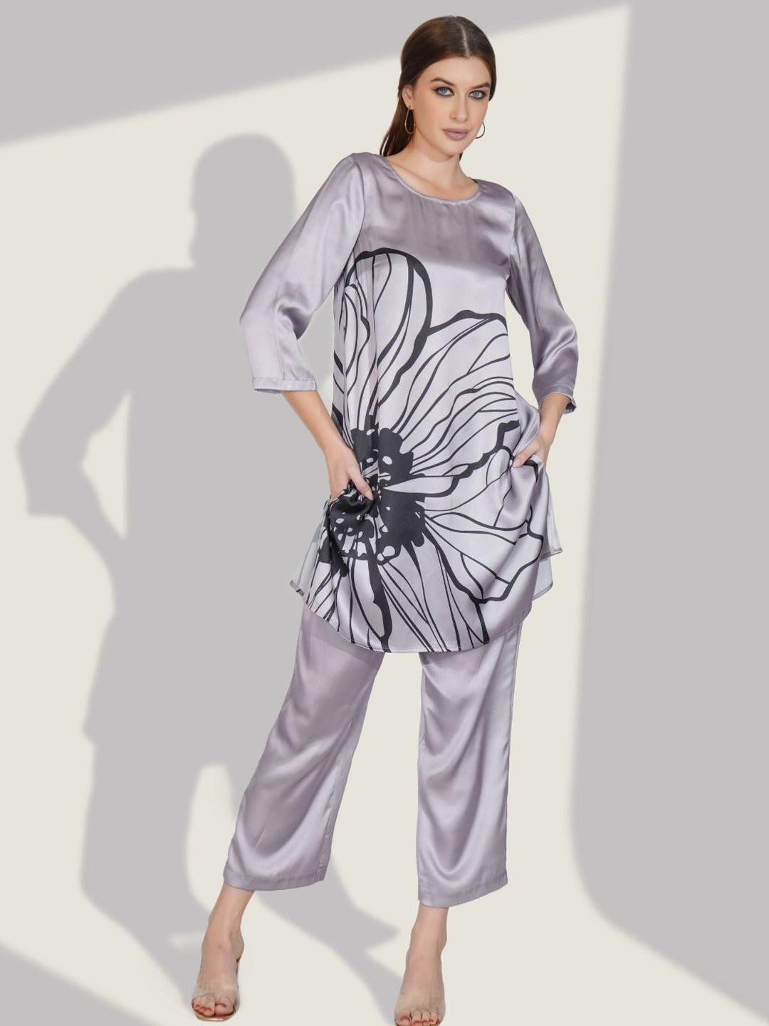 Zolo Label Printed Round Neck Satin Tunic With Palazzo Co-Ords