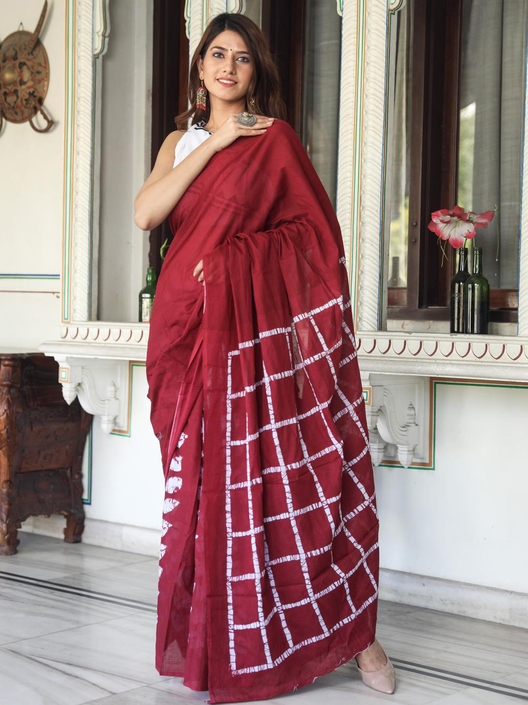 Pinkcity Trade World Women Red And White Pure Cotton Ethnic Jaipuri Hand Block Saree
