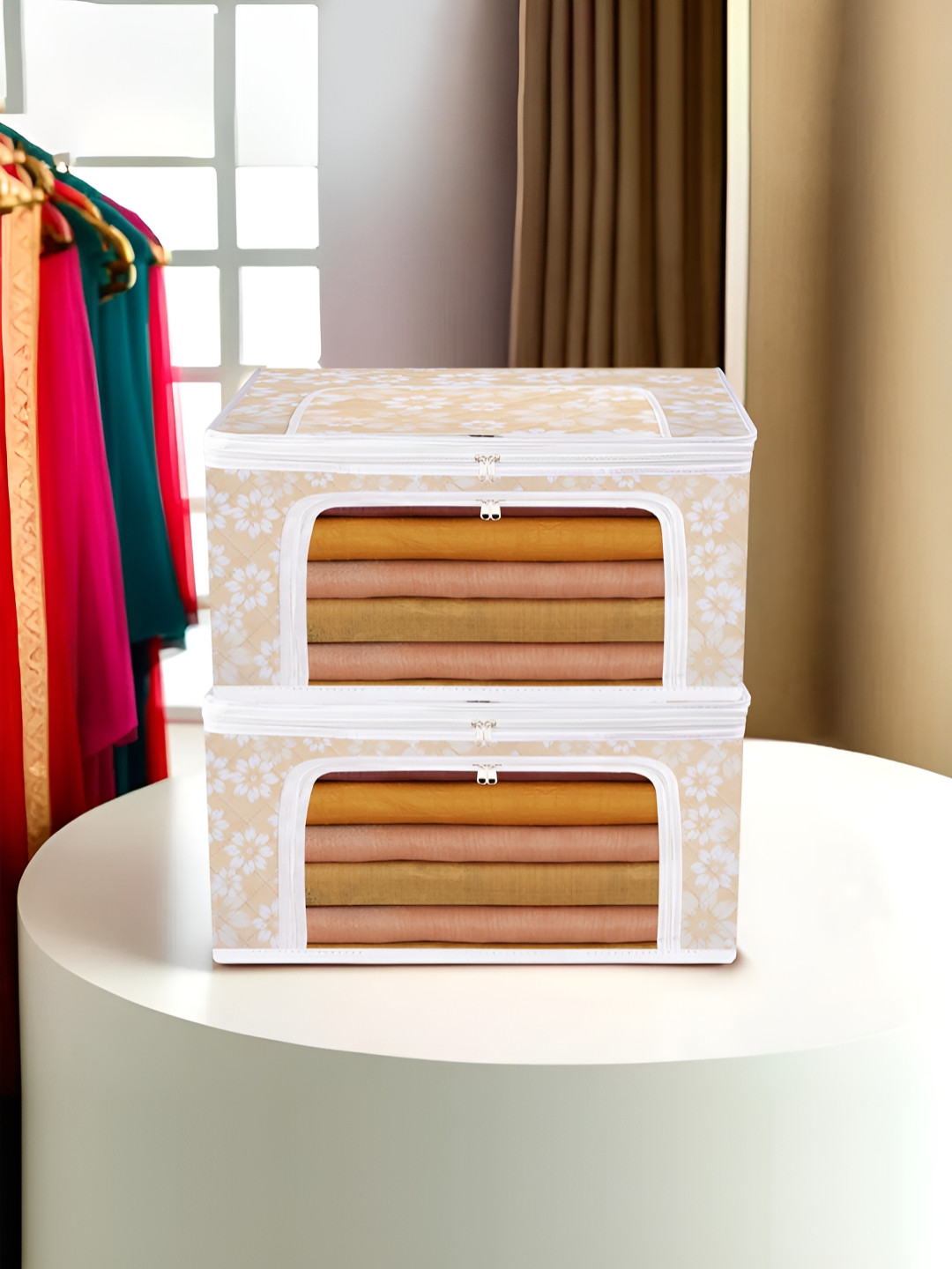 Aura Gold-Toned & White 2 Pieces Printed Saree Storage Bag Organisers