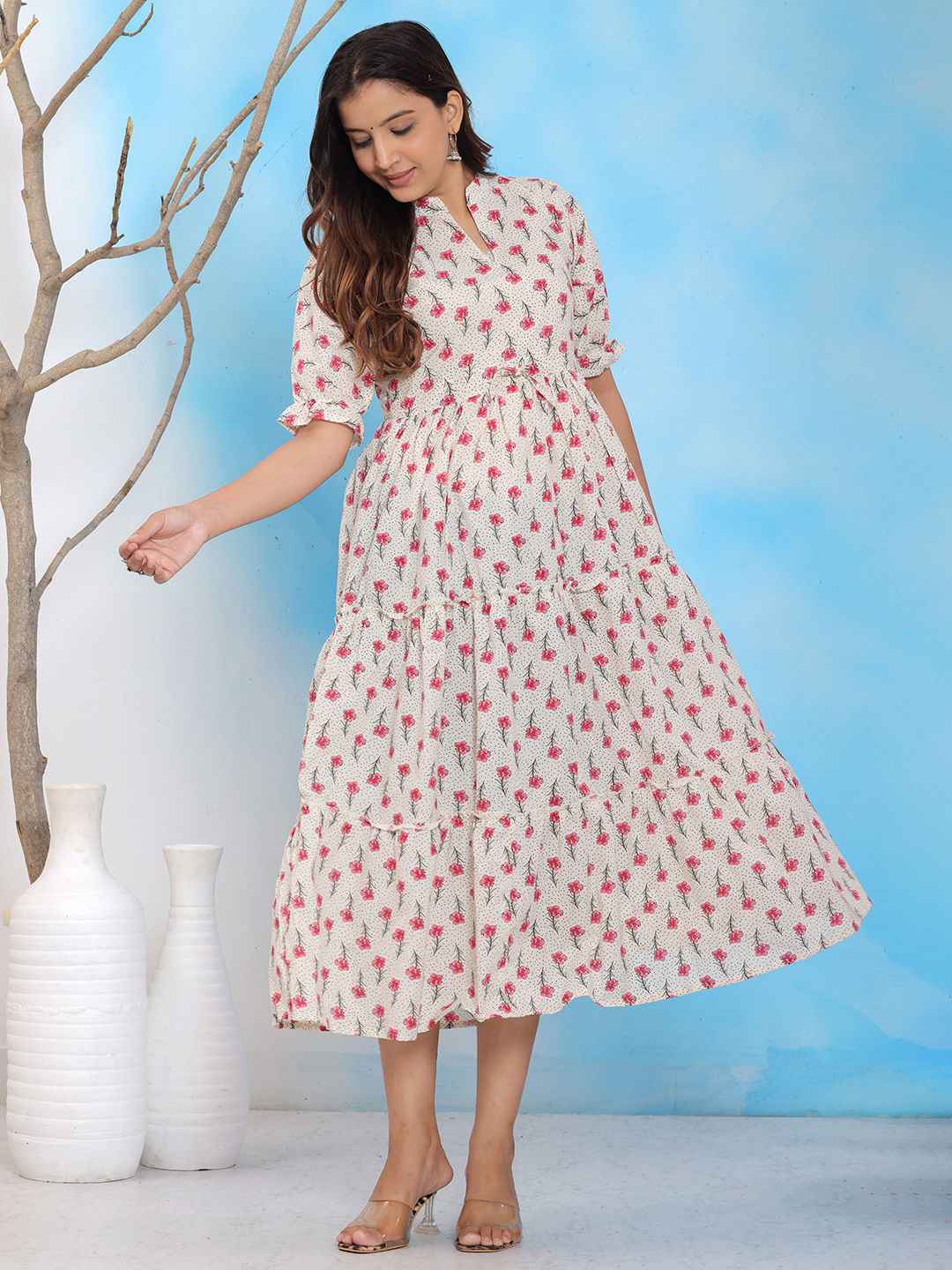 JAHIDA COMFORT WITH STYLE Women Floral Printed Puff Sleeve Midi Dress