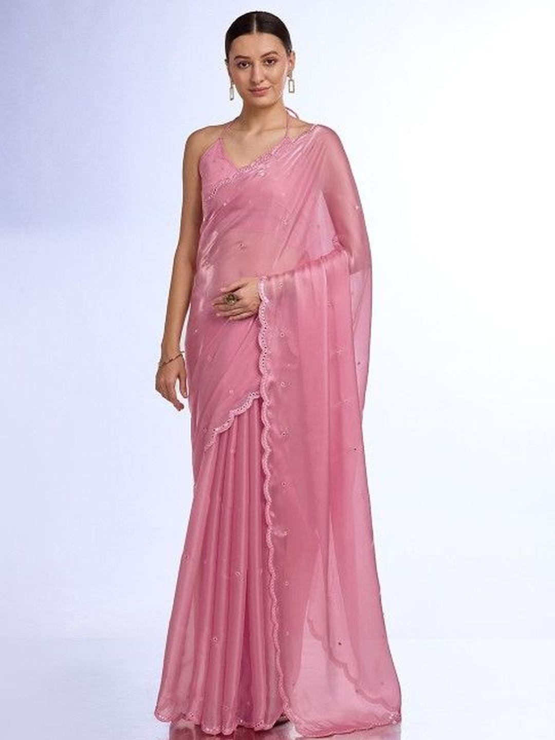 KARAGIRI Pink Organza silk Saree With Blouse Piece