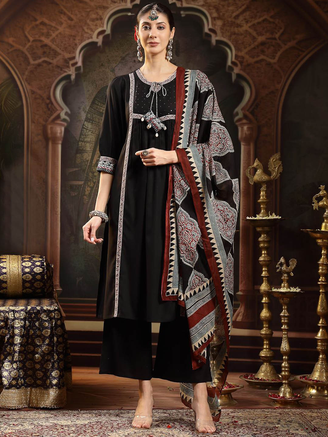 Stylum Ethnic Motifs Yoke Design Sequinned Ajrakh A-Line Kurta With Trousers & Dupatta