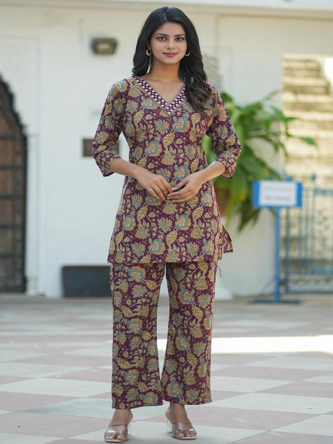 KALINI Women Maroon Ethnic Motifs Floral cotton Blande Kurta And Trouser Co-Ords