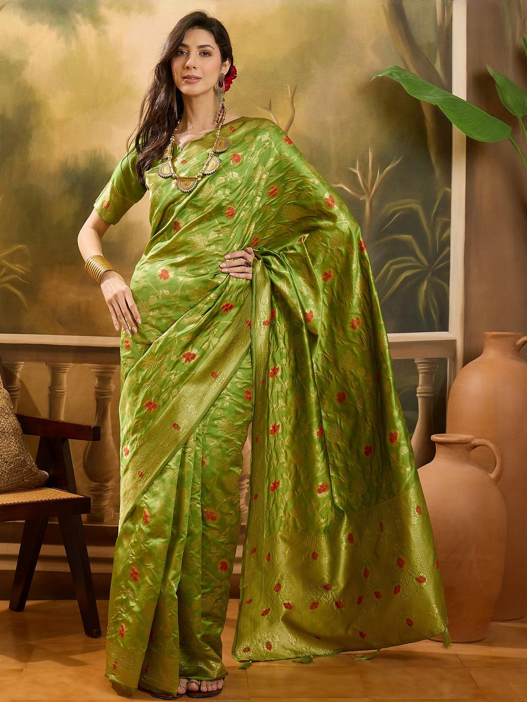 Sangria Lime Green Woven Design Silk Blend Sarees