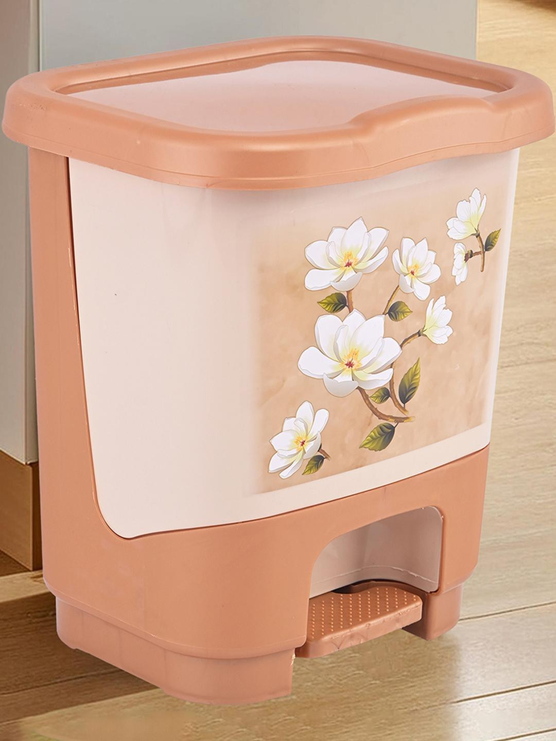 Myntra Elegant Homes Brown Floral Print Plastic 11Ltr Capacity Pedal Operated Lid Dustbin