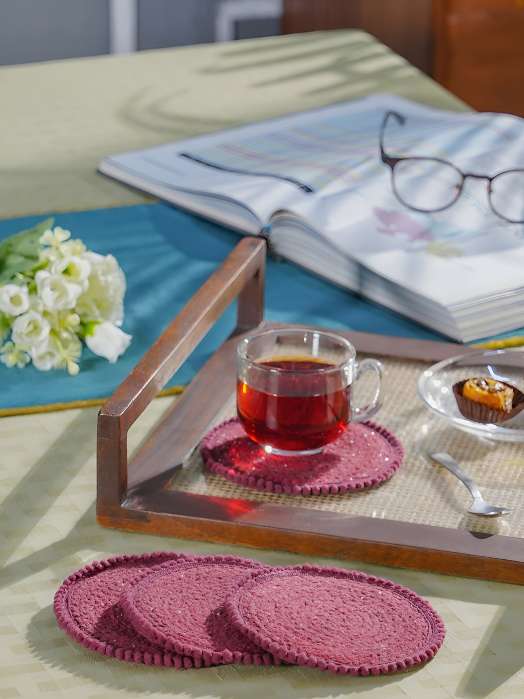 MASPAR Red 4 Pieces Geometric Cotton Standard Coaster