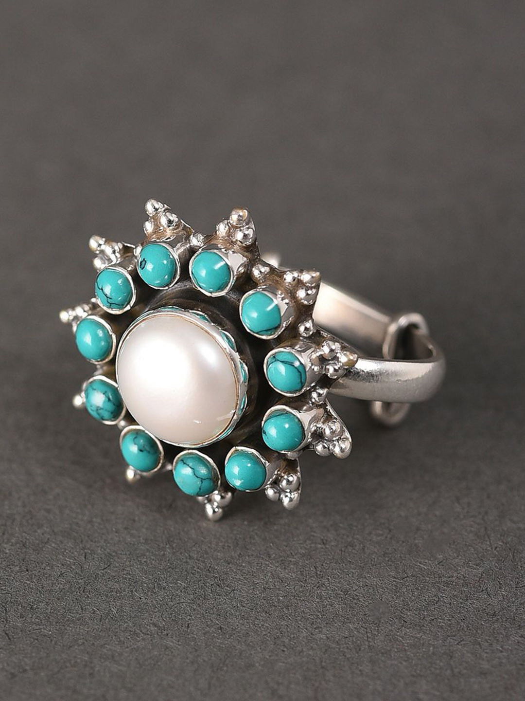 JAYPORE Silver Turquoise Stone Studded Adjustable Finger Ring