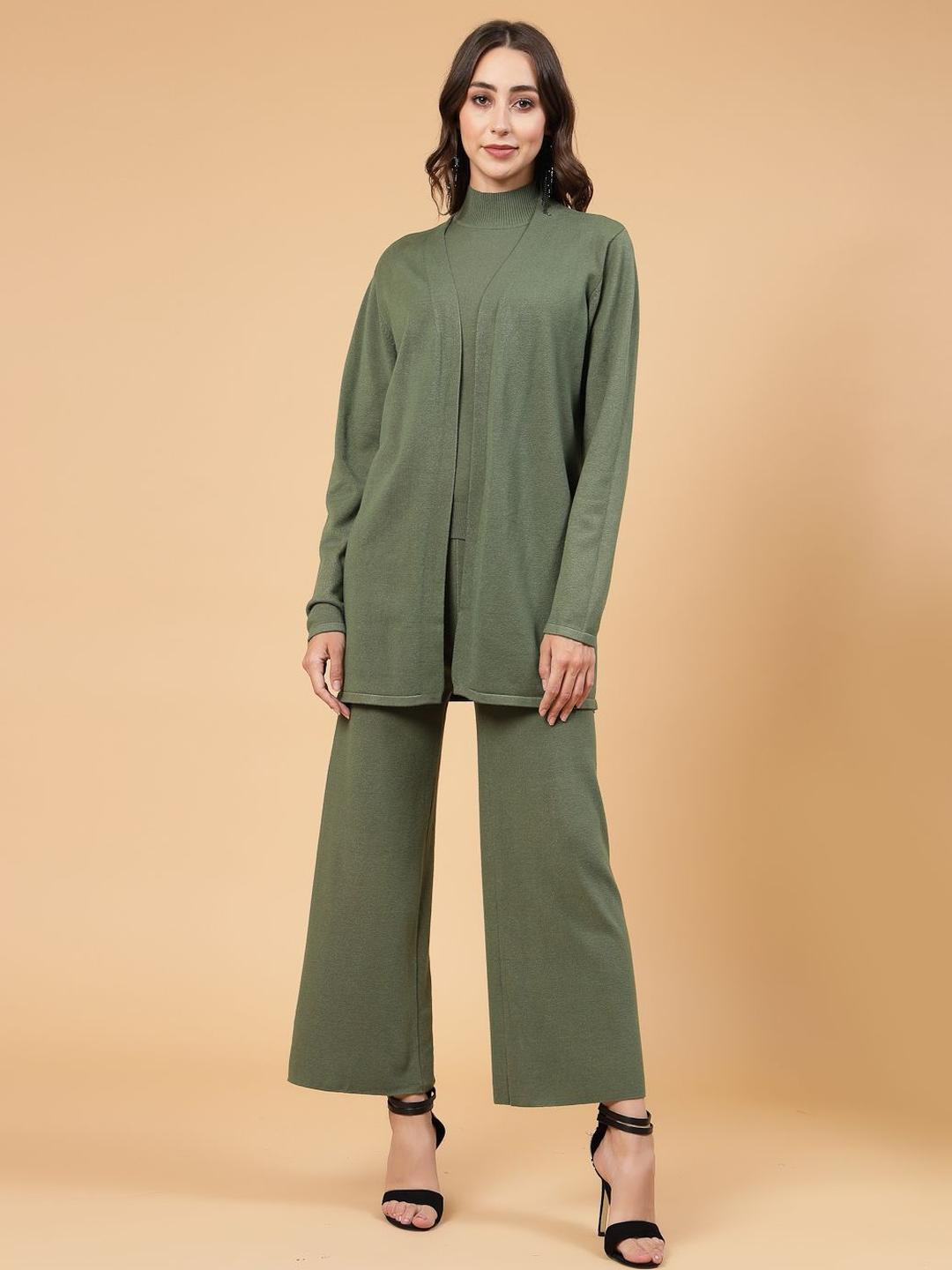 Mafadeny Women 3 Pcs Mock Neck Co-ord Set with Wide-Leg Pants