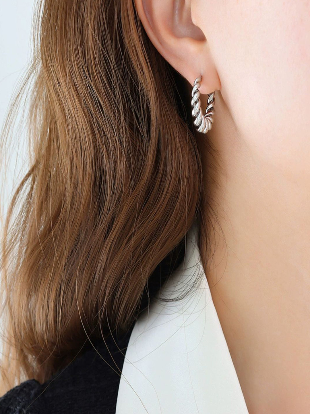 AQUASTREET Stainless Steel 18K Silver Plated Spiral Semi-Circular Half Hoop Earrings