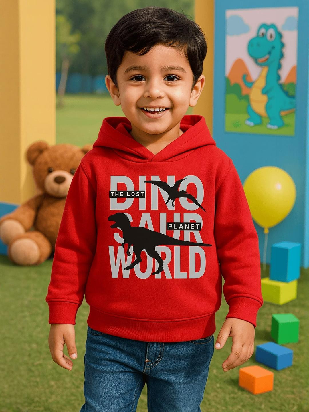 WAAMY69 Boys Red Dinosaur Printed Hooded Sweatshirt