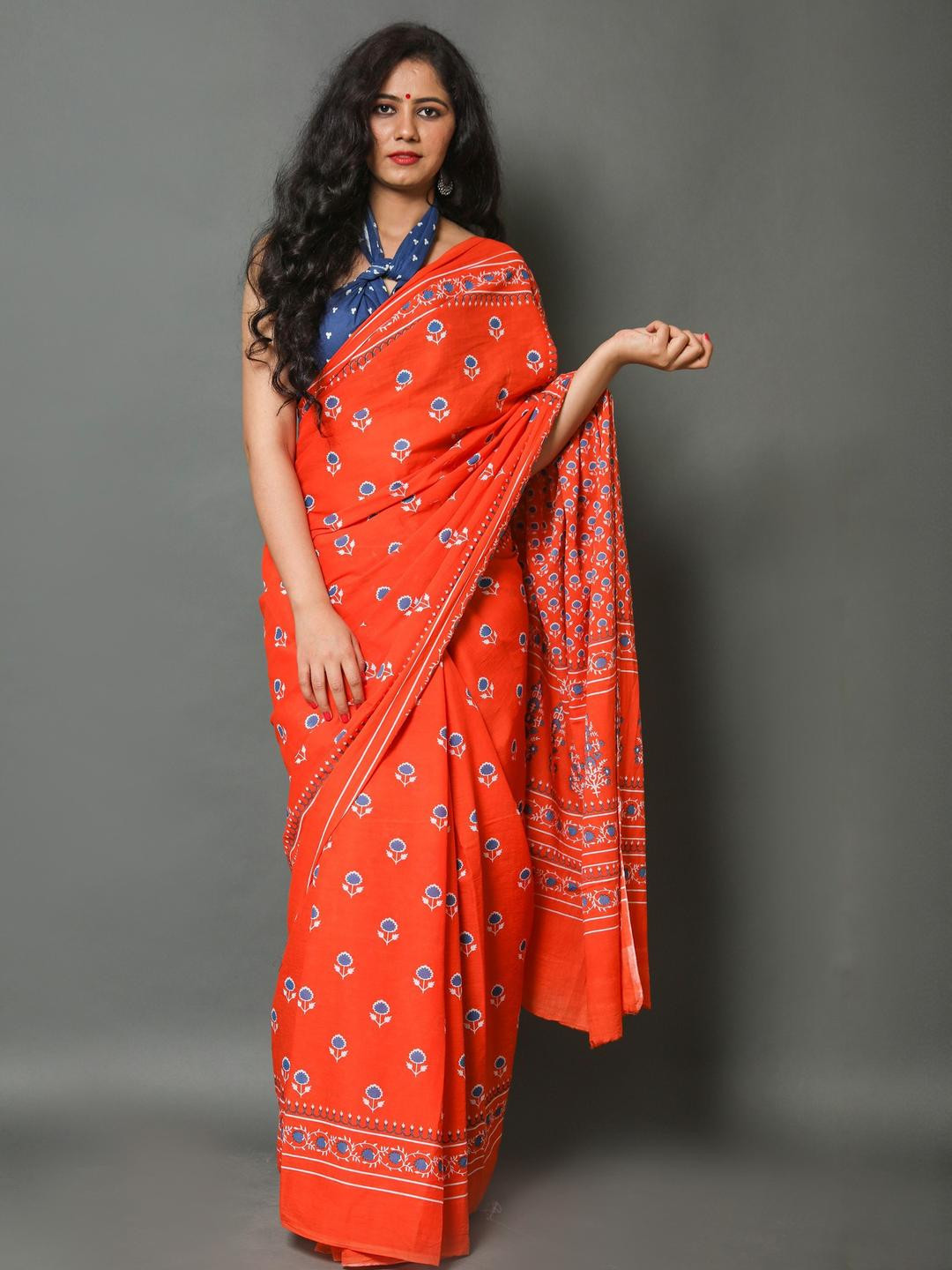 Pinkcity Trade World Women Red And Blue Pure Cotton Ethnic Jaipuri Hand Block Saree