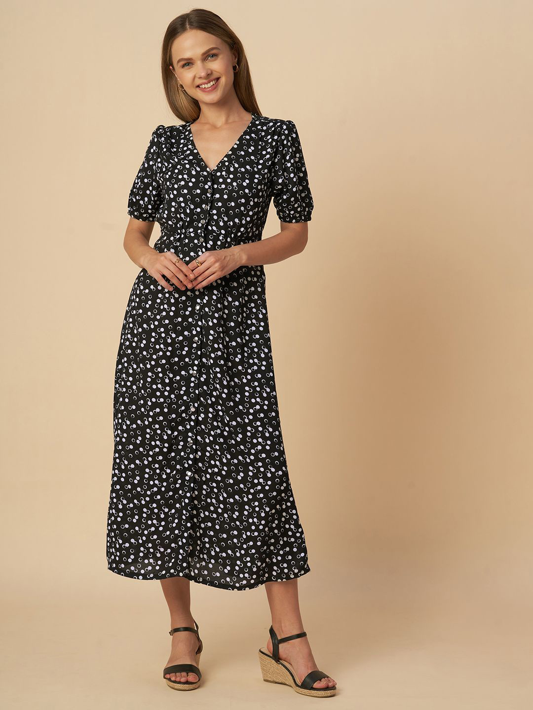 Chemistry Polka Dot Printed V-Neck A-Line Maxi Dress