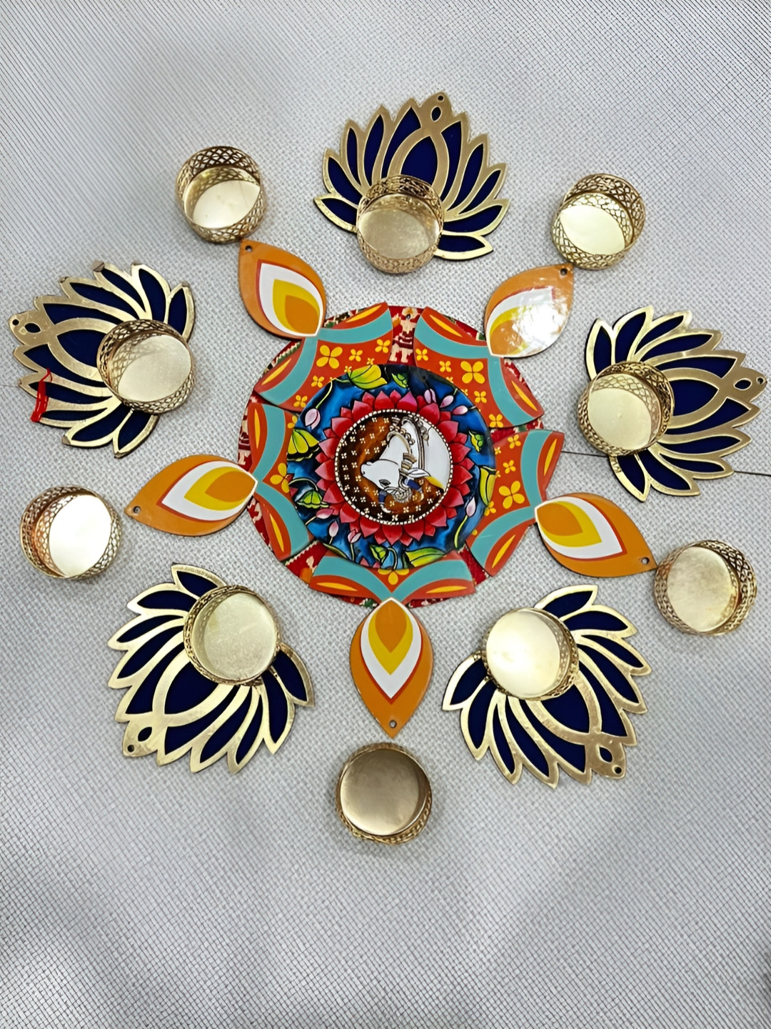 Sellplus Red & Blue 9 Pieces Lotus & Diya Candle Holders With Center Radha Krishna