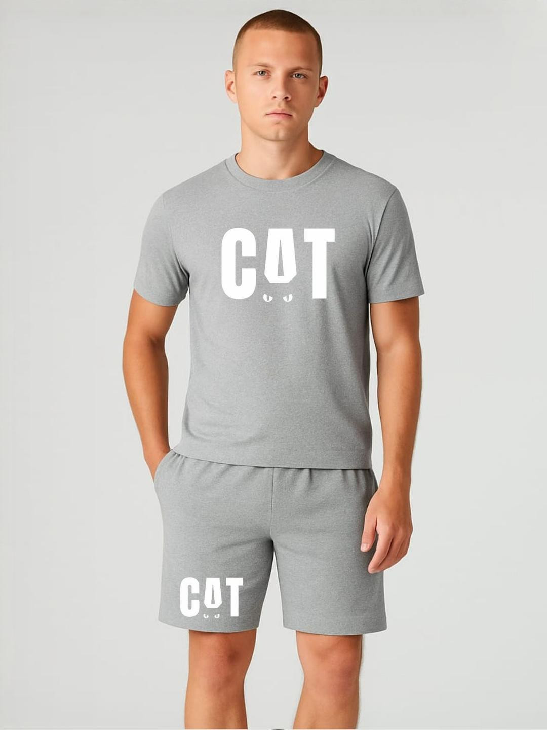 FABSTIEVE Men Cat Printed Round Neck T-Shirt With Shorts Co-Ords