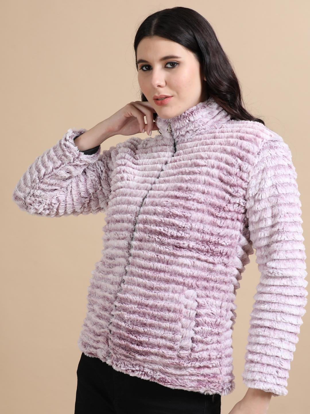 ALLWIN PAUL Women Lavender Faux Fur Self Design Jackets