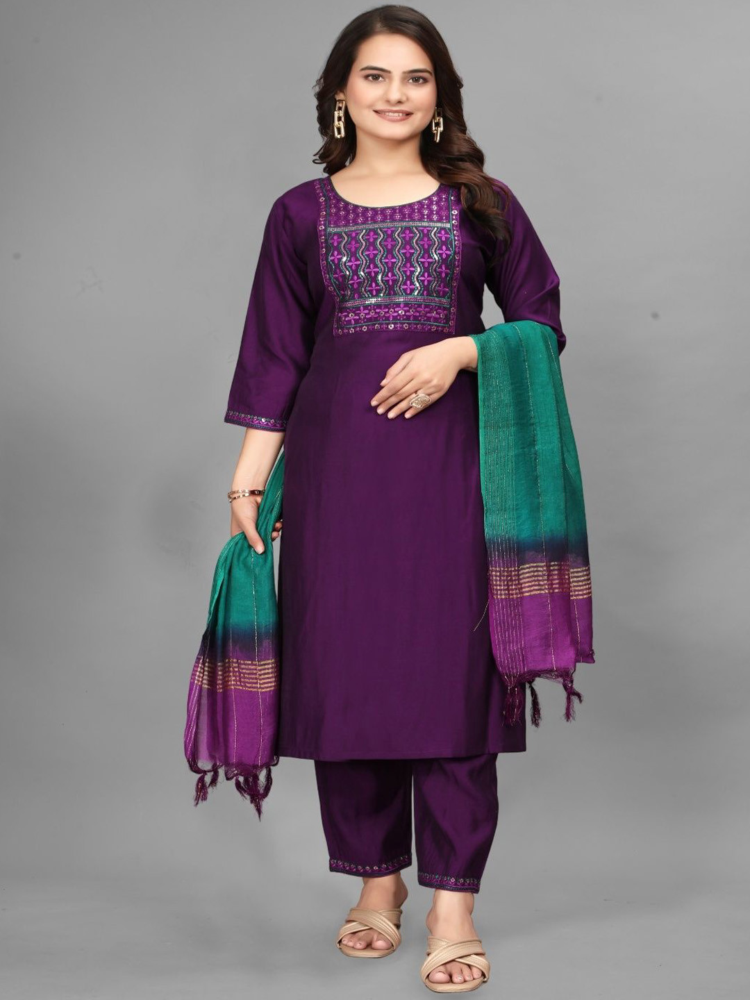 ANJANA NX Floral Yoke Design Round Neck Sequinned Straight Kurta With Trousers & Dupatta
