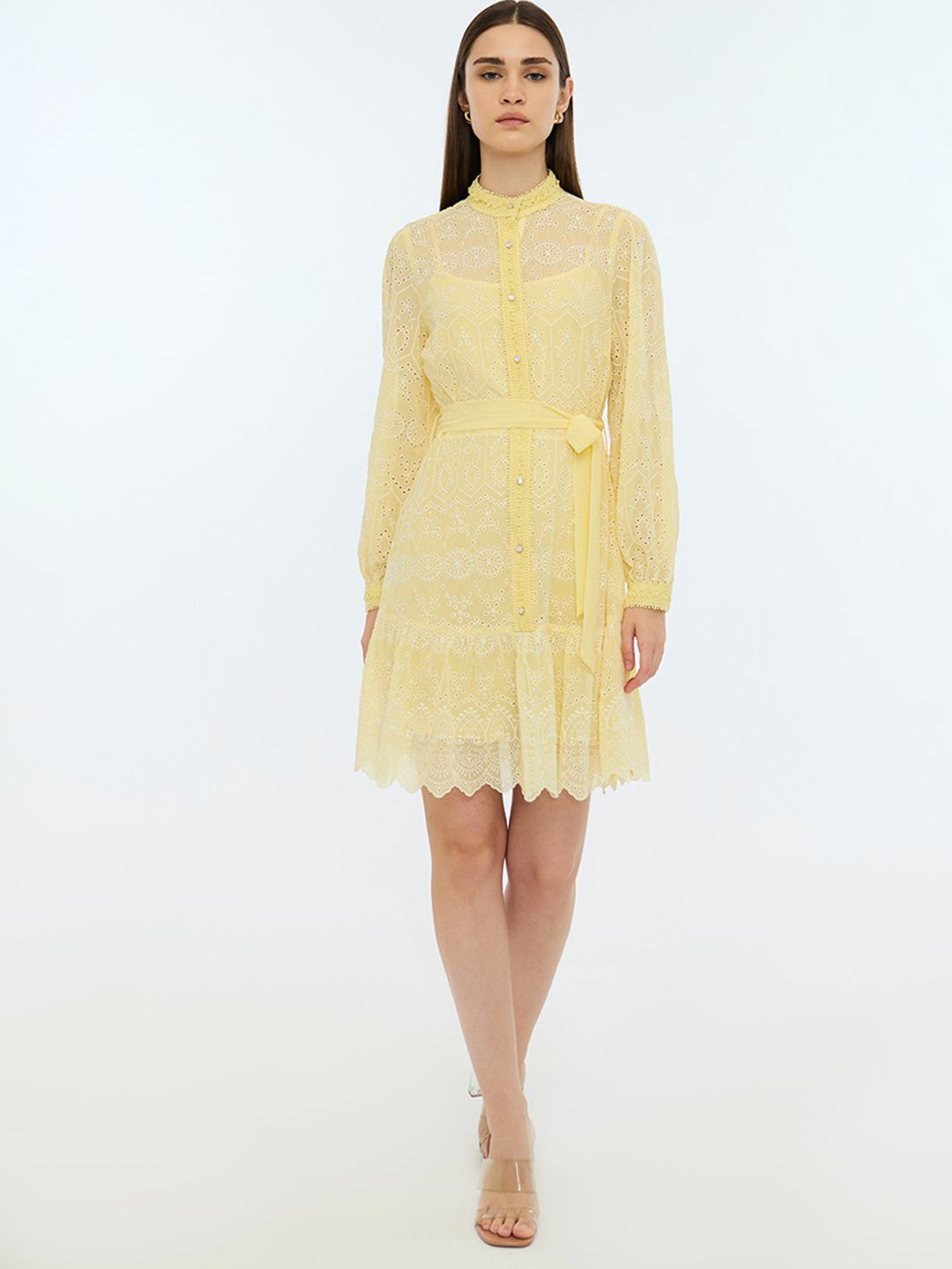 COVER STORY Women Mock Neck Schiffli Detail Fit & Flare Dress