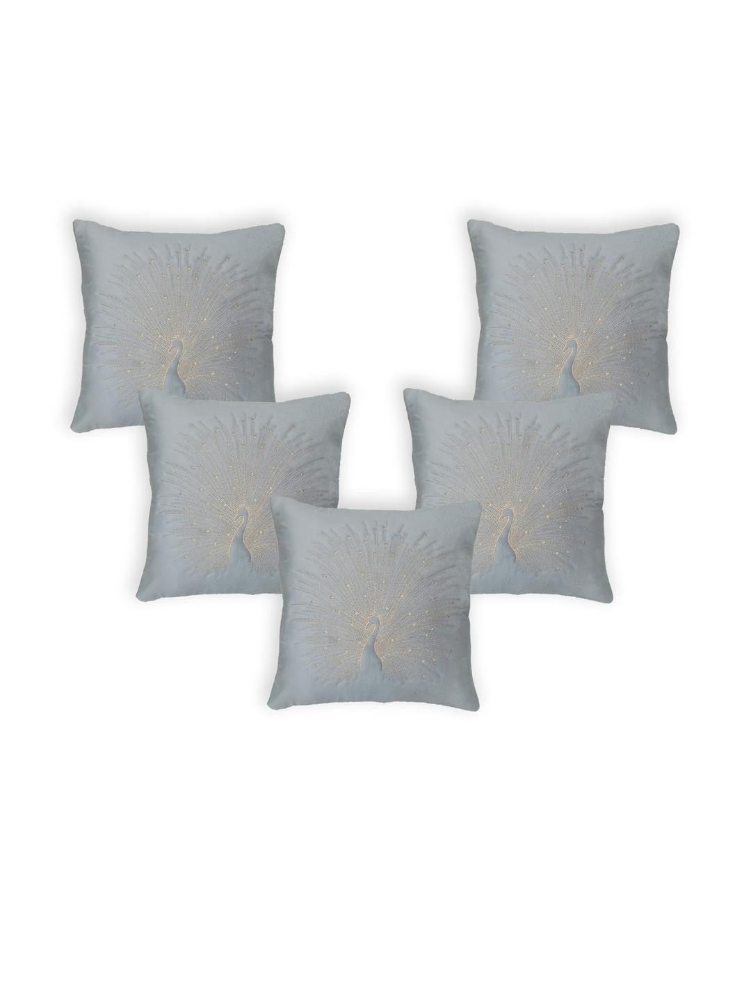 Sun Rise Silver-Toned & Grey Set of 5 Peacock Embroidered Polyester Square Cushion Covers