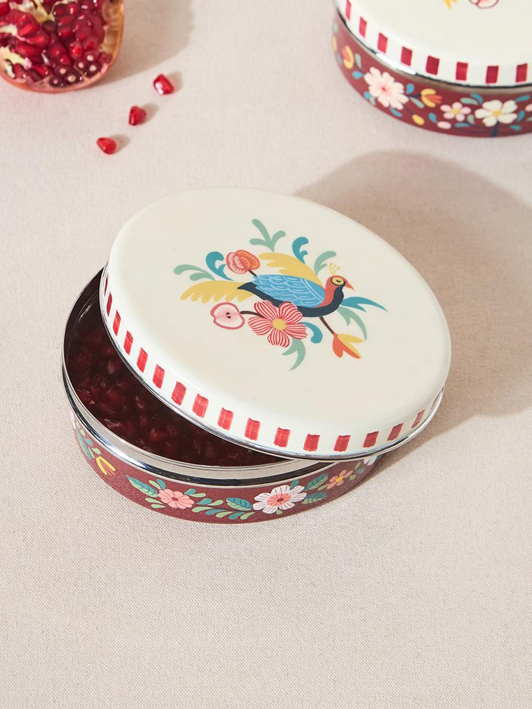 Chumbak Monal Off White & Maroon Floral Printed Oval Lunch Box-600 ml
