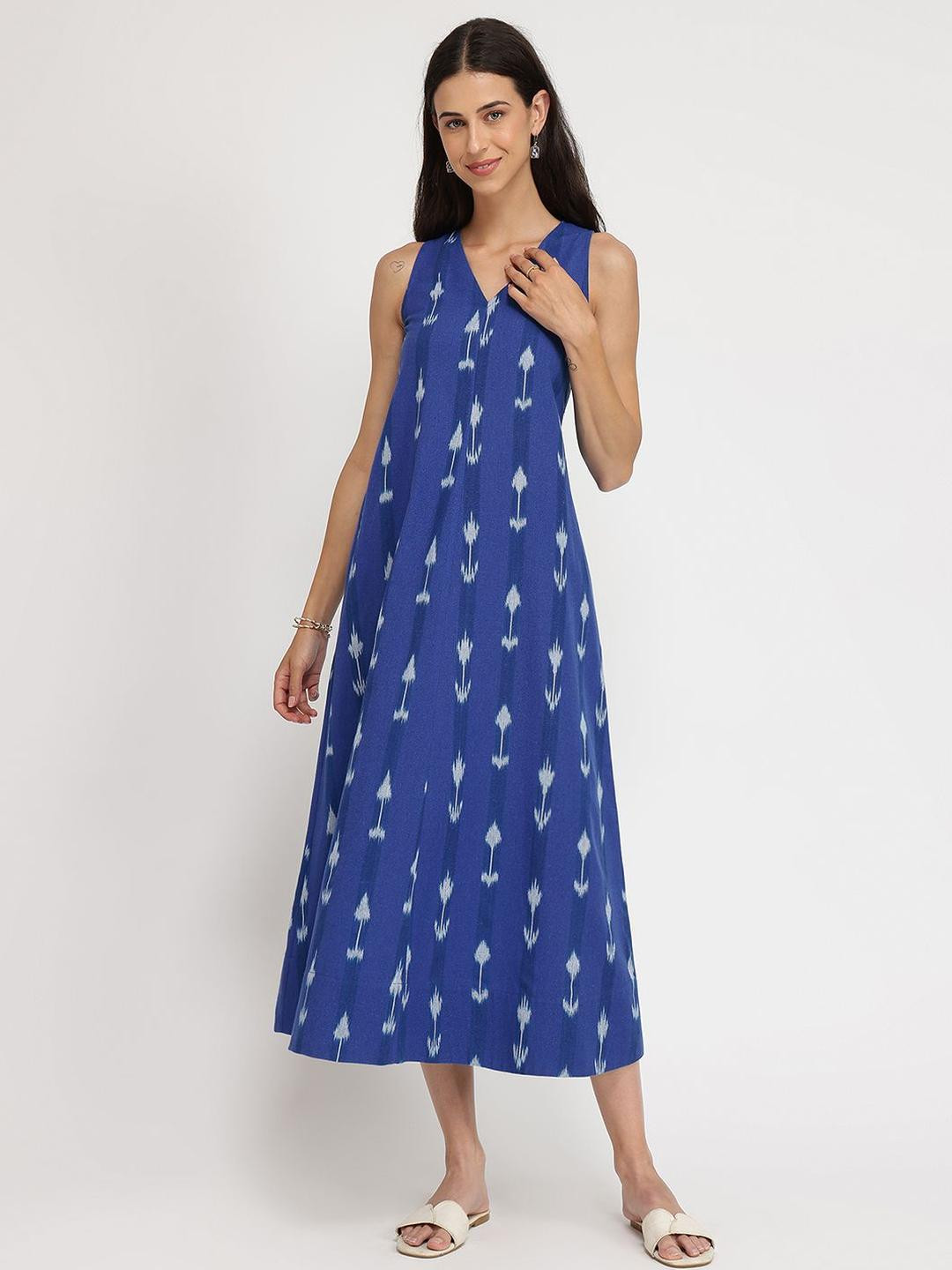 Pink Fort Women Blue Cotton Ikat Sleeveless A-Line Midi Dress