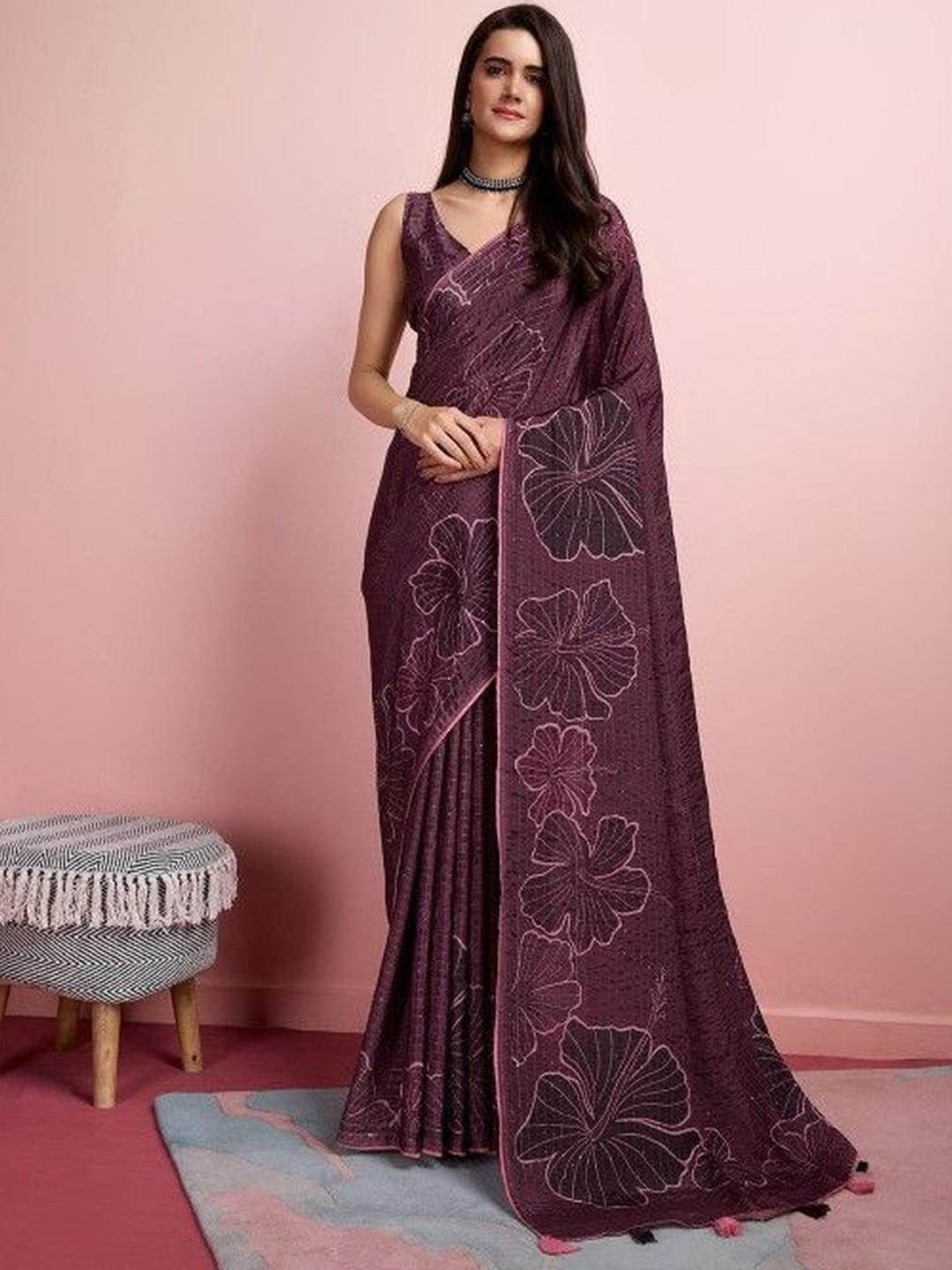 KARAGIRI Burgundy Silk Blend Party Wear Saree With Blouse Piece