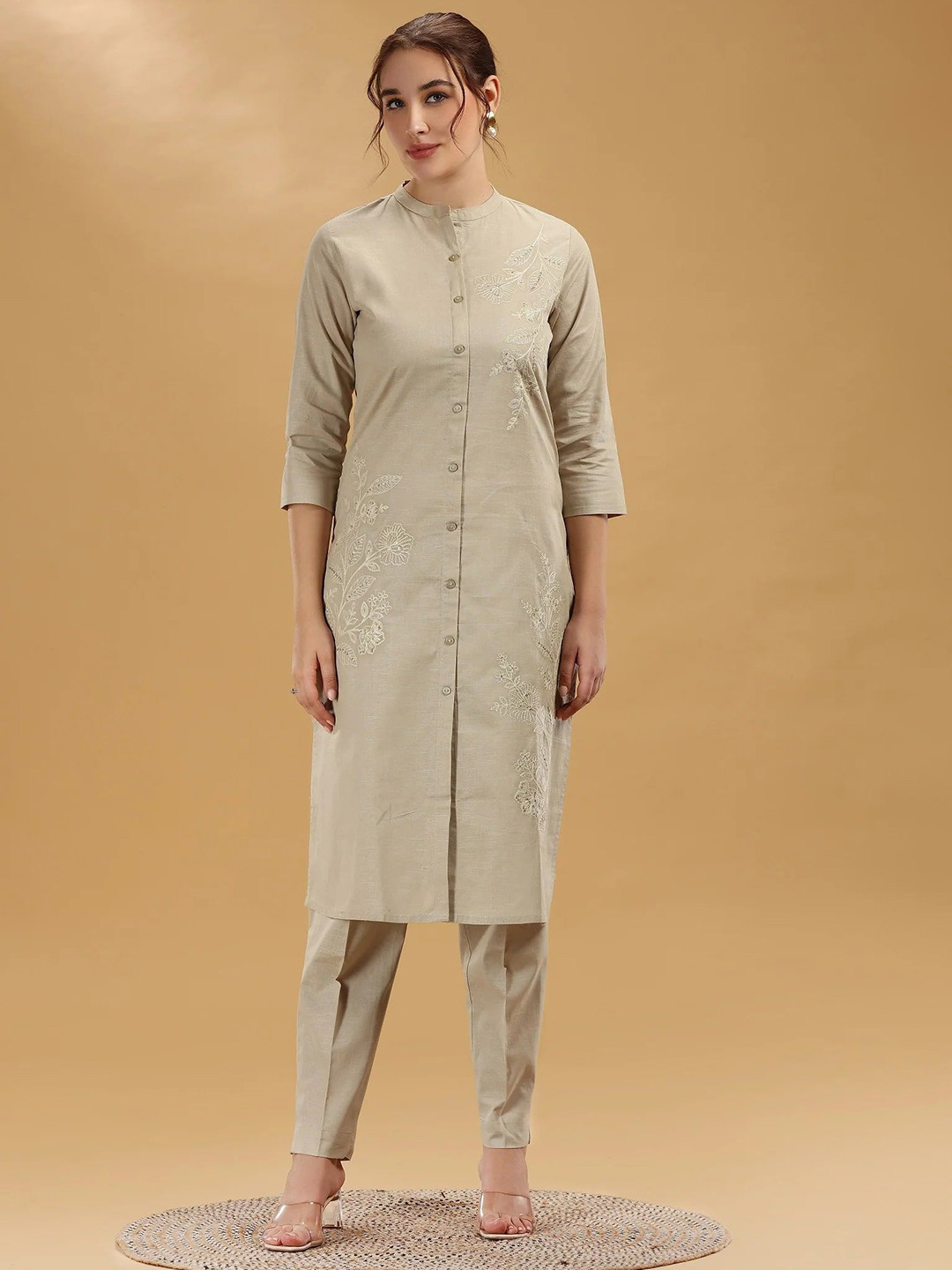 COTTON CULTURE Women Off White Embroidered Flax Cotton A-Line Kurta Pant Co ord Set