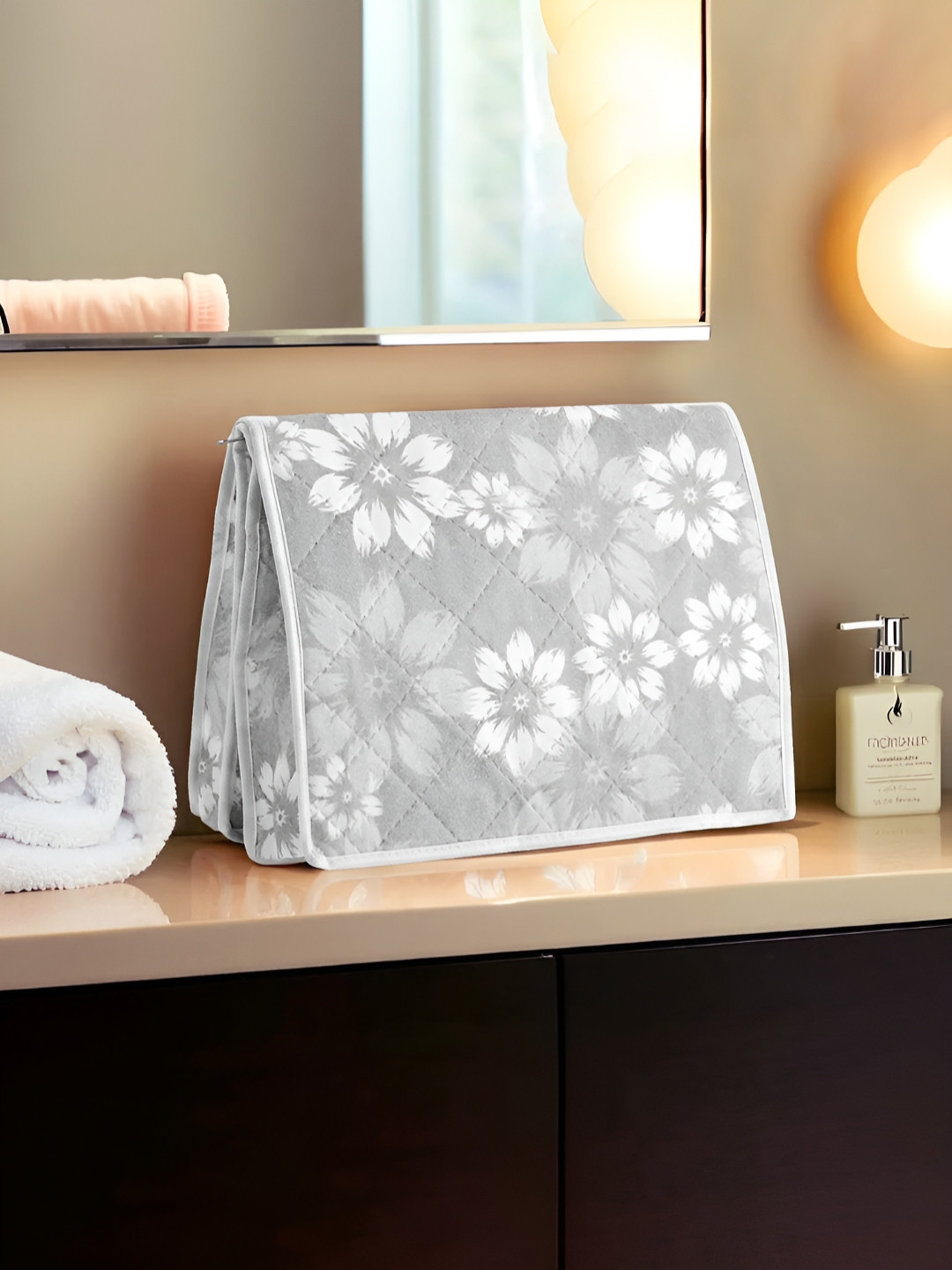 Aura Grey & White Flower Printed Two Partition Velcro Folding Multi-Utility Organiser