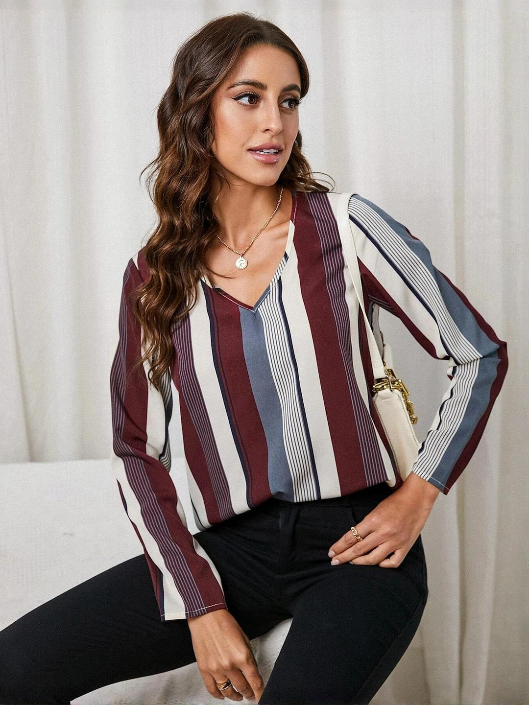 HERE&NOW Women Red Polyester Striped Tops