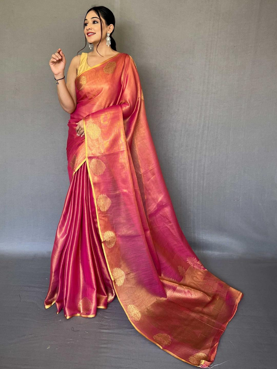 KALINI Pink Woven Design Tissue Sarees