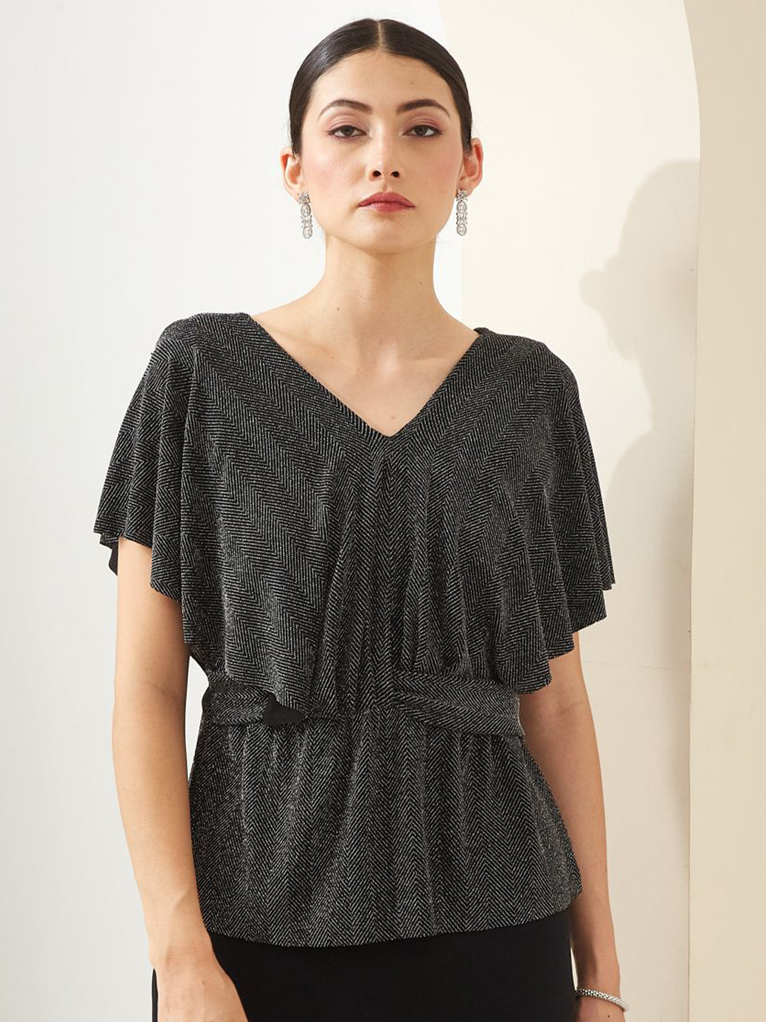 Latin Quarters Women Shimmer V-Neck Cape Top