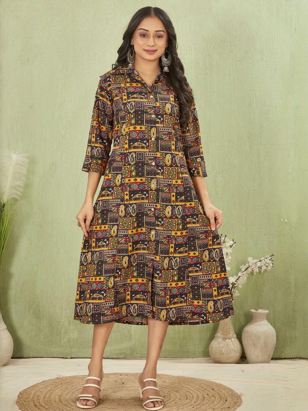KALINI Women Black Patch Print Ethnic Shirt Collar Three-Quarter Sleeves  A-Line Dress