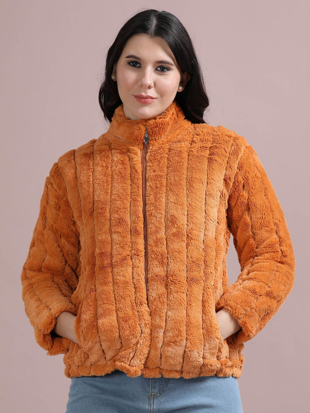 ALLWIN PAUL Women Orange Faux Fur Self Design Jackets