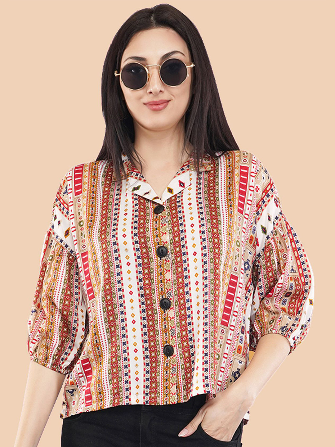 Glitter fashion Women Ethnic Motifs Printed Spread Collar Casual Shirt