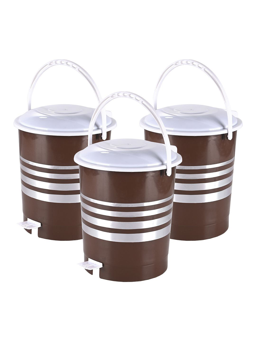 Kuber Industries 3 Pcs Plastic 10 Ltr Pedal Dustbin With Handle Brown & White